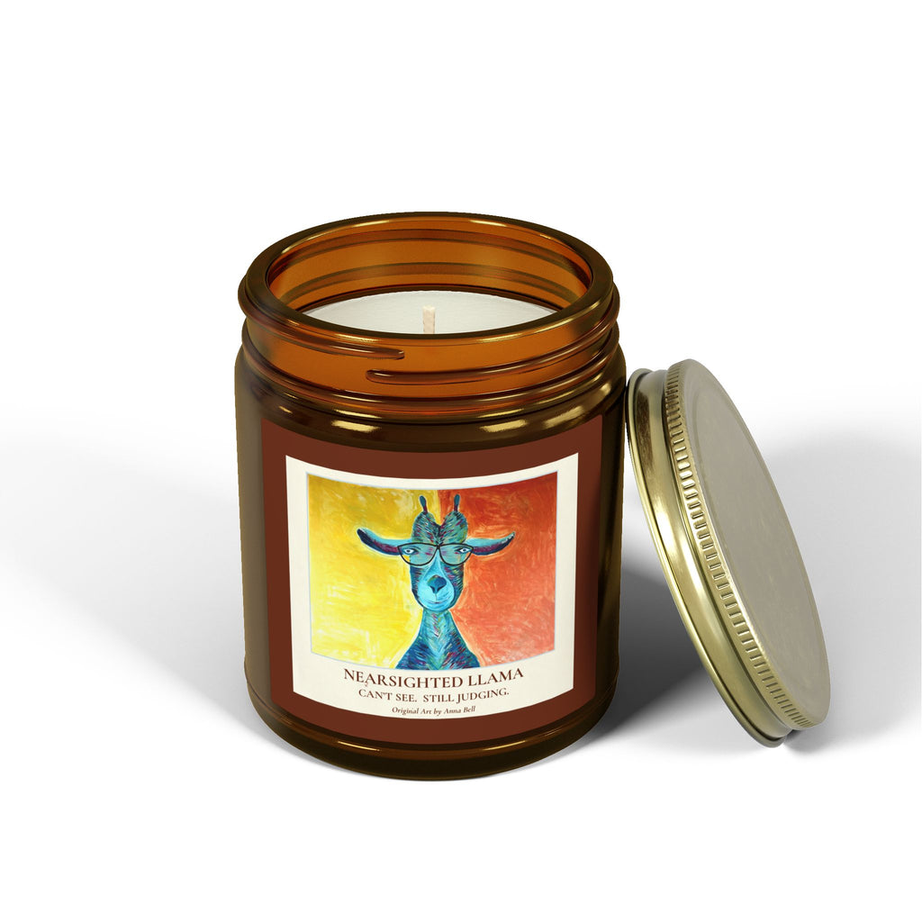 Coconut Apricot Wax Scented Candle (4oz/9oz) — Nearsighted Llama Art Jar = Fun Unique Gift