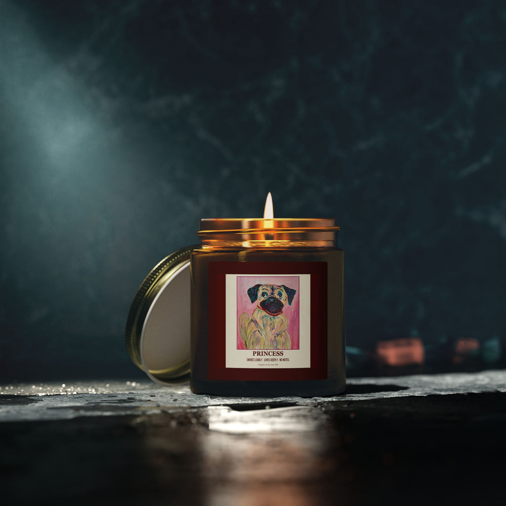 Coconut Apricot Scented Candle (4oz/9oz) — 'Princess' Pug Art Jar