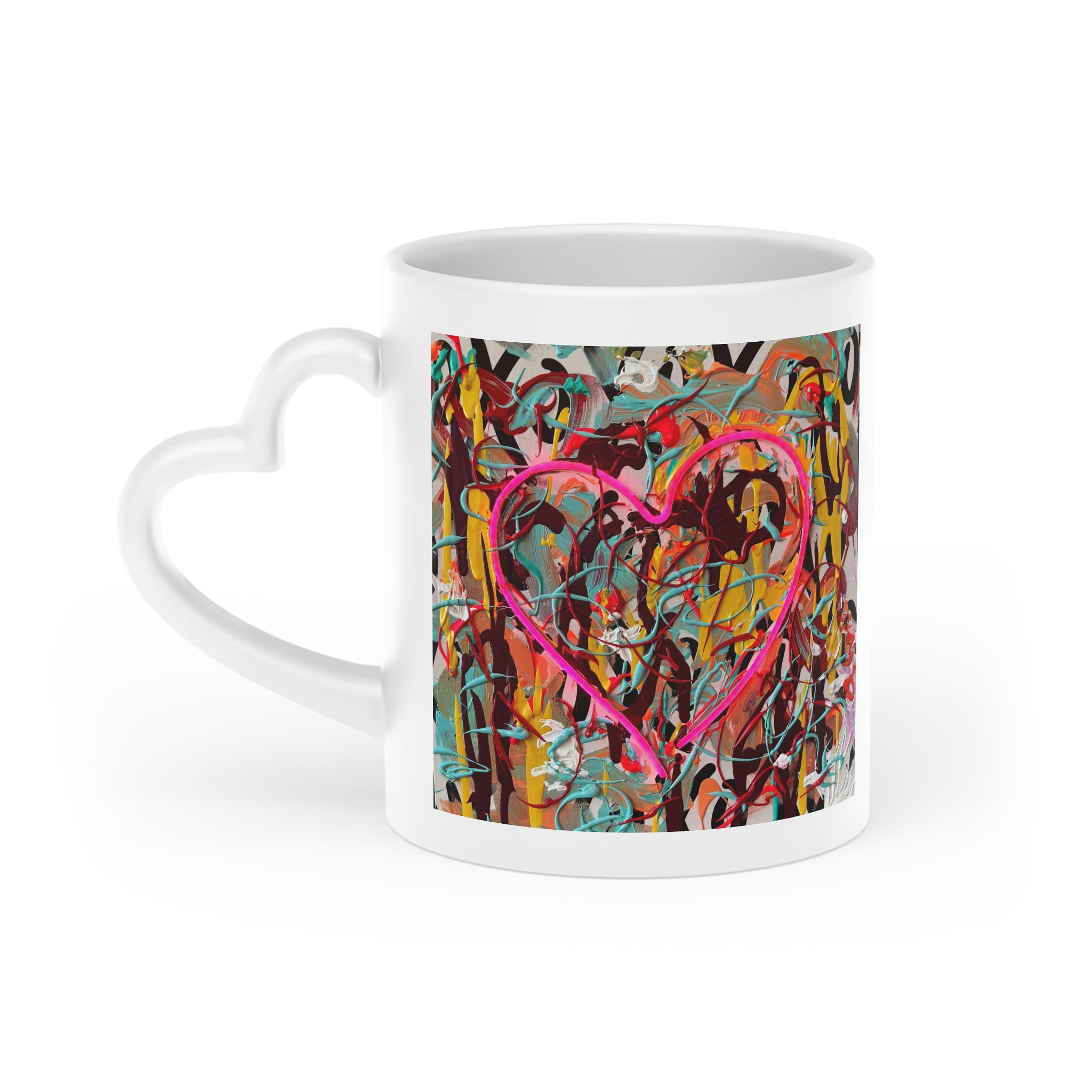 Heart-Shaped Graffiti Mug — Colorful Street Art Coffee Cup