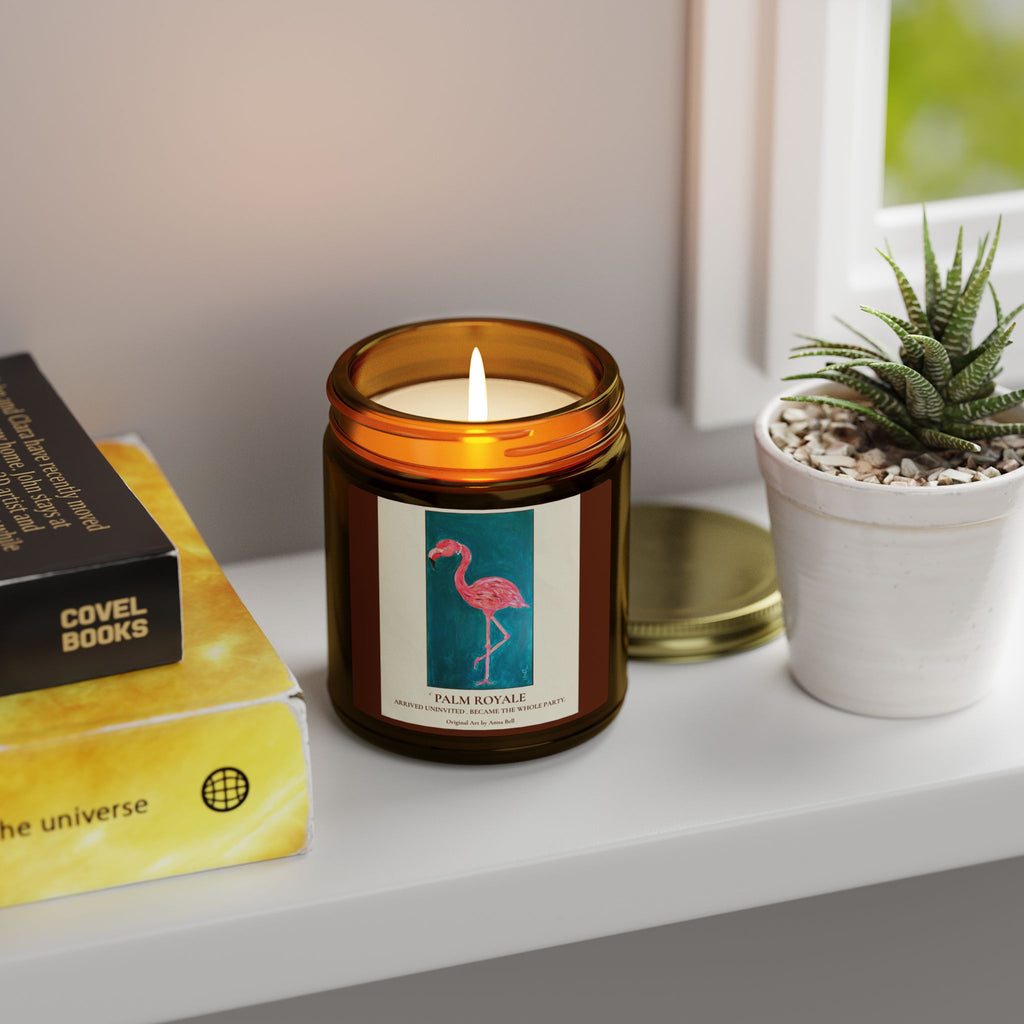 Coconut Apricot Scented Candle — ‘Palm Royale’ Flamingo Amber Jar (4oz/9oz)