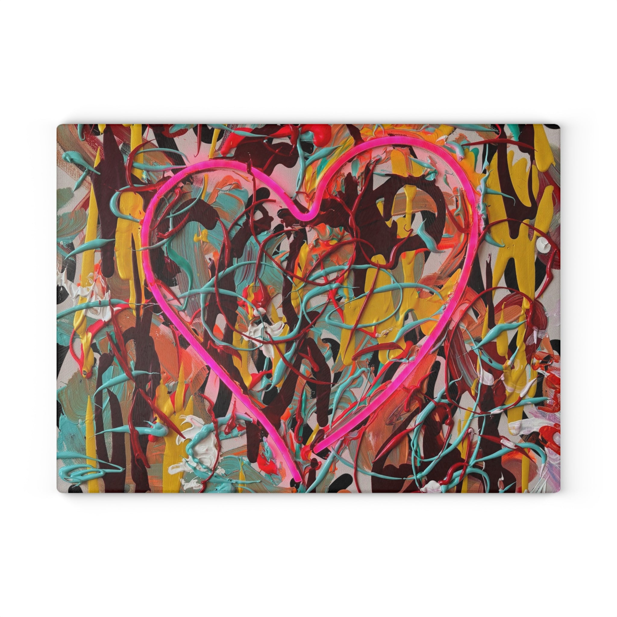 Bright Heart Original Art Glass Cutting Board – Colorful Abstract Neon Heart Art Kitchen Cutting Board