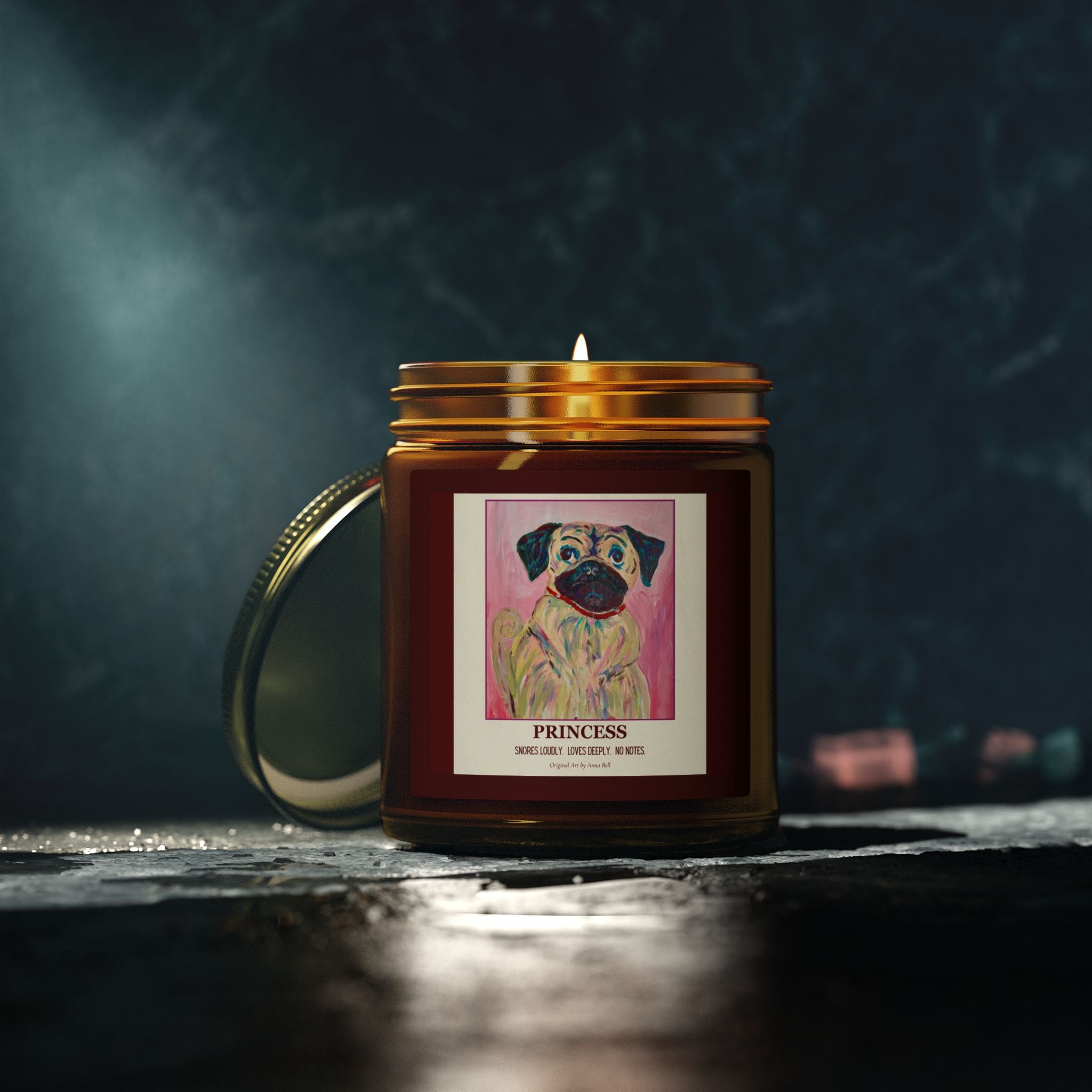 Coconut Apricot Scented Candle (4oz/9oz) — 'Princess' Pug Art Jar