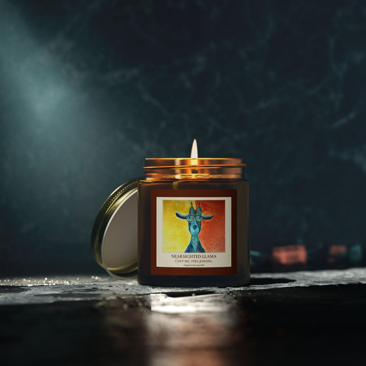 Coconut Apricot Wax Scented Candle (4oz/9oz) — Nearsighted Llama Art Jar = Fun Unique Gift