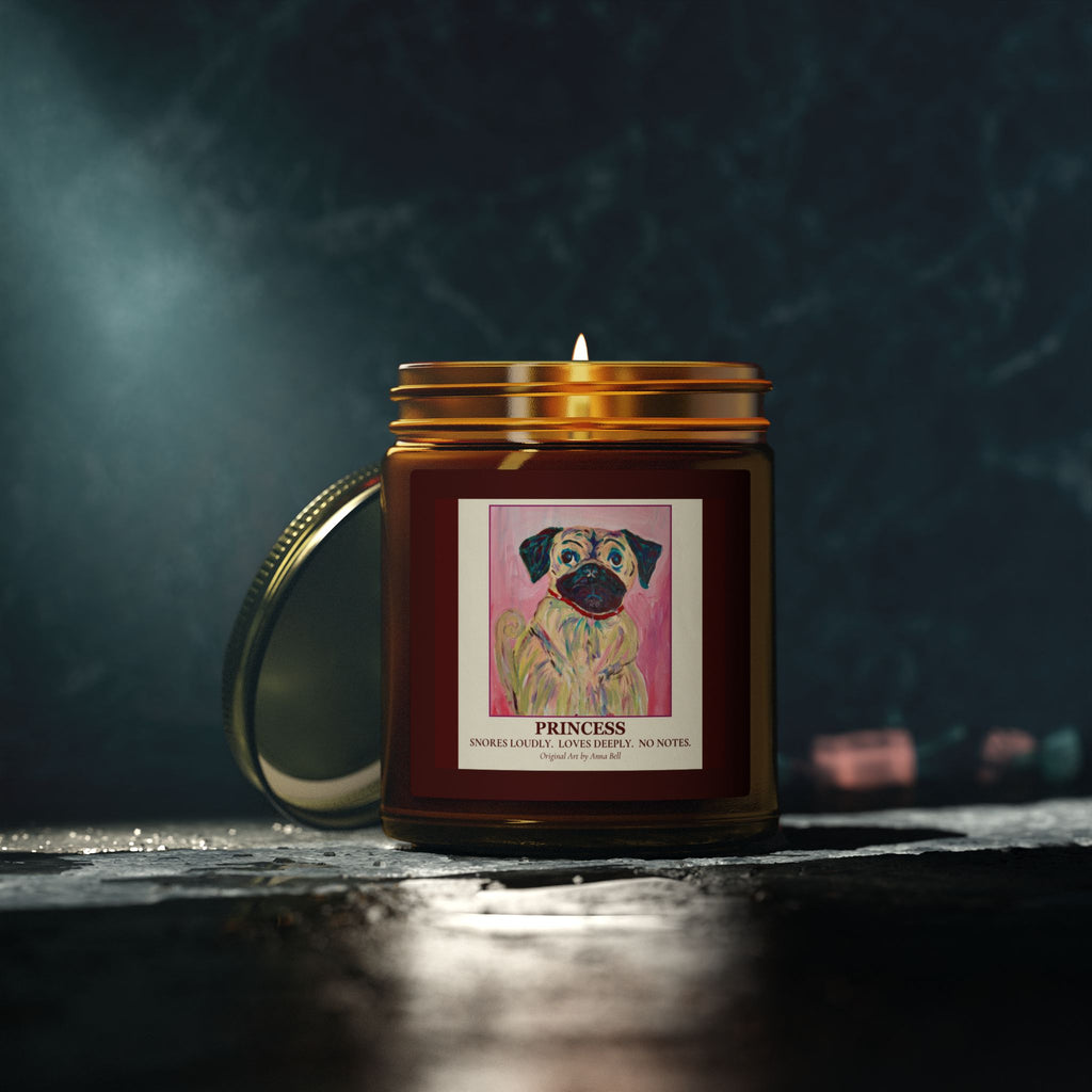 Coconut Apricot Scented Candle (4oz/9oz) — 'Princess' Pug Art Jar