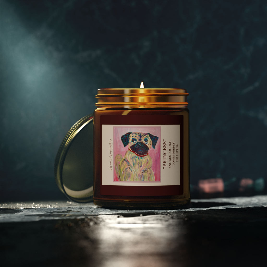 Coconut Apricot Scented Candle (4oz/9oz) — 'Princess' Pug Art Jar