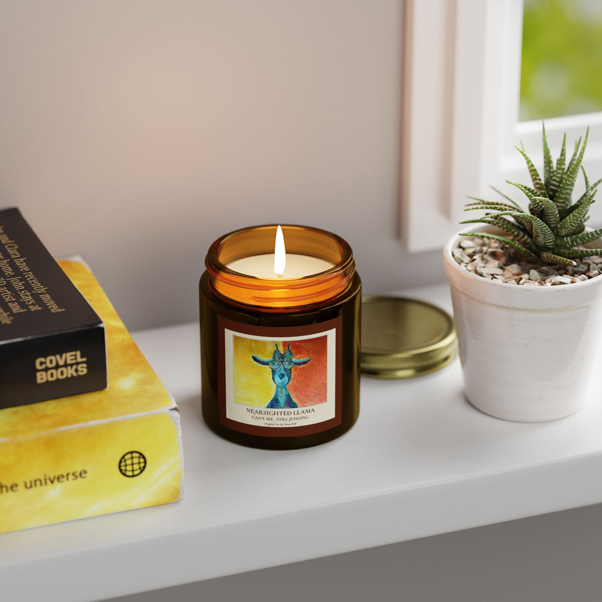 Coconut Apricot Wax Scented Candle (4oz/9oz) — Nearsighted Llama Art Jar = Fun Unique Gift