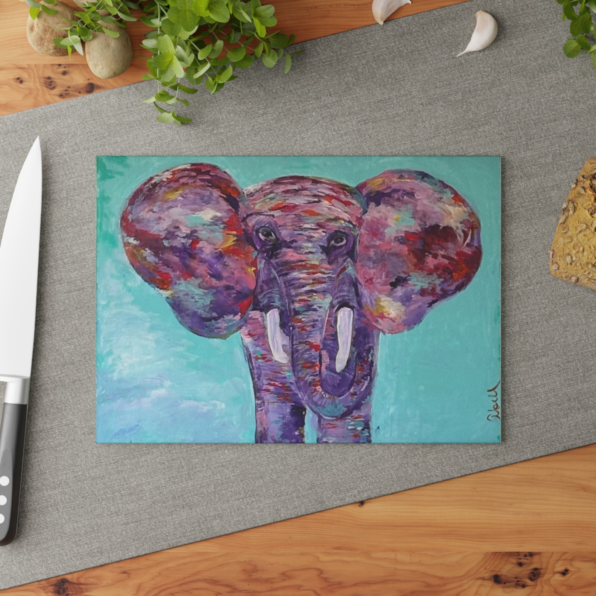 Elephant Art Glass Cutting Board – Colorful Abstract Elephant Kitchen Cutting Board