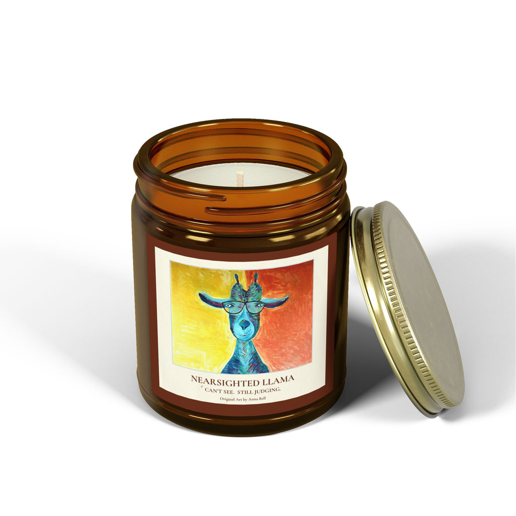 Coconut Apricot Scented Candle (4oz/9oz) — Nearsighted Llama Art Jar = Fun Unique Gift