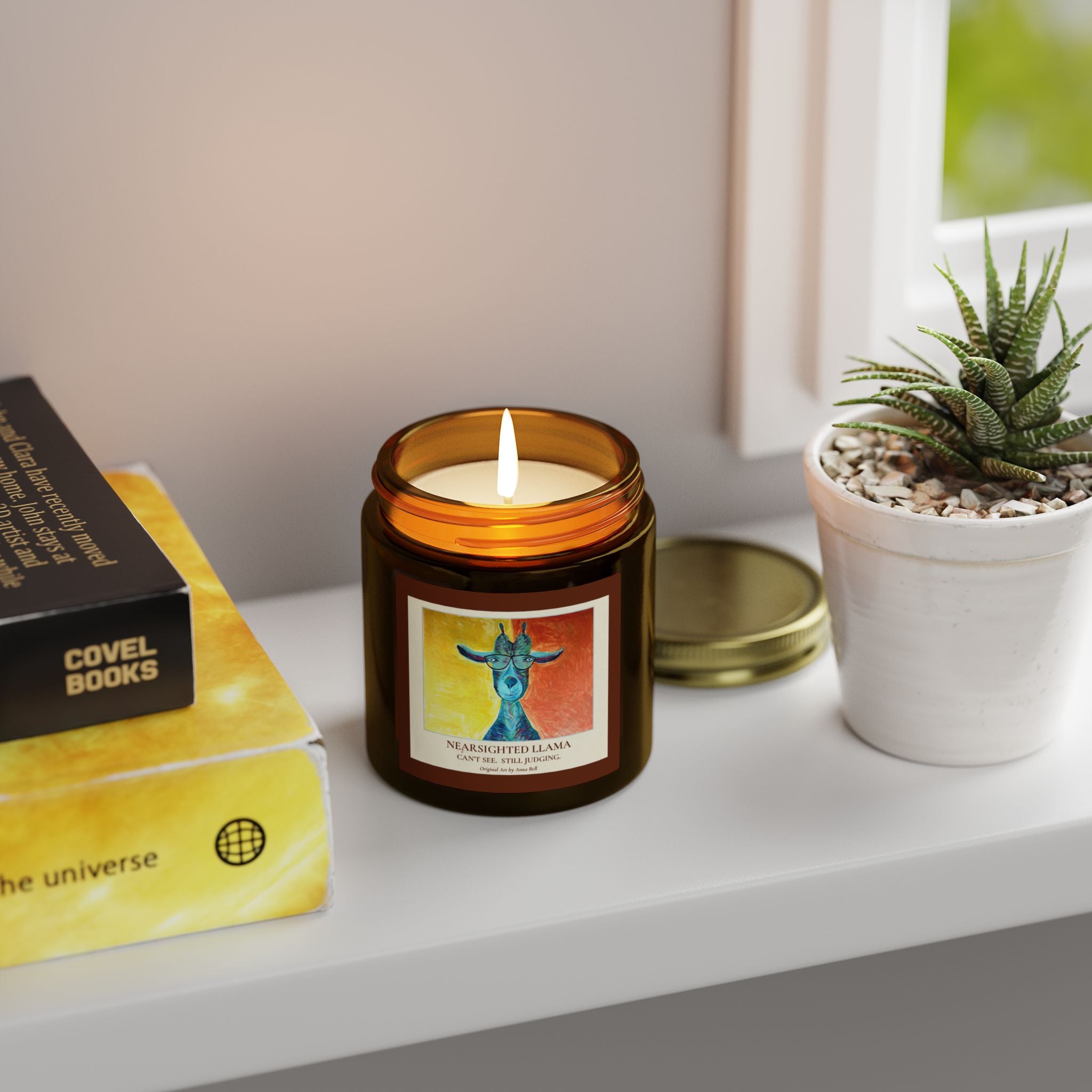 Coconut Apricot Wax Scented Candle (4oz/9oz) — Nearsighted Llama Art Jar = Fun Unique Gift