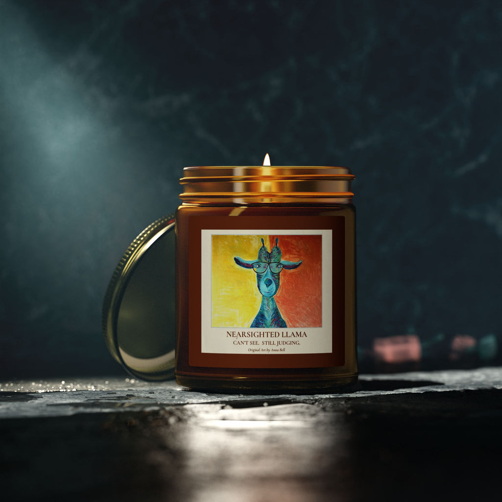 Coconut Apricot Wax Scented Candle (4oz/9oz) — Nearsighted Llama Art Jar = Fun Unique Gift