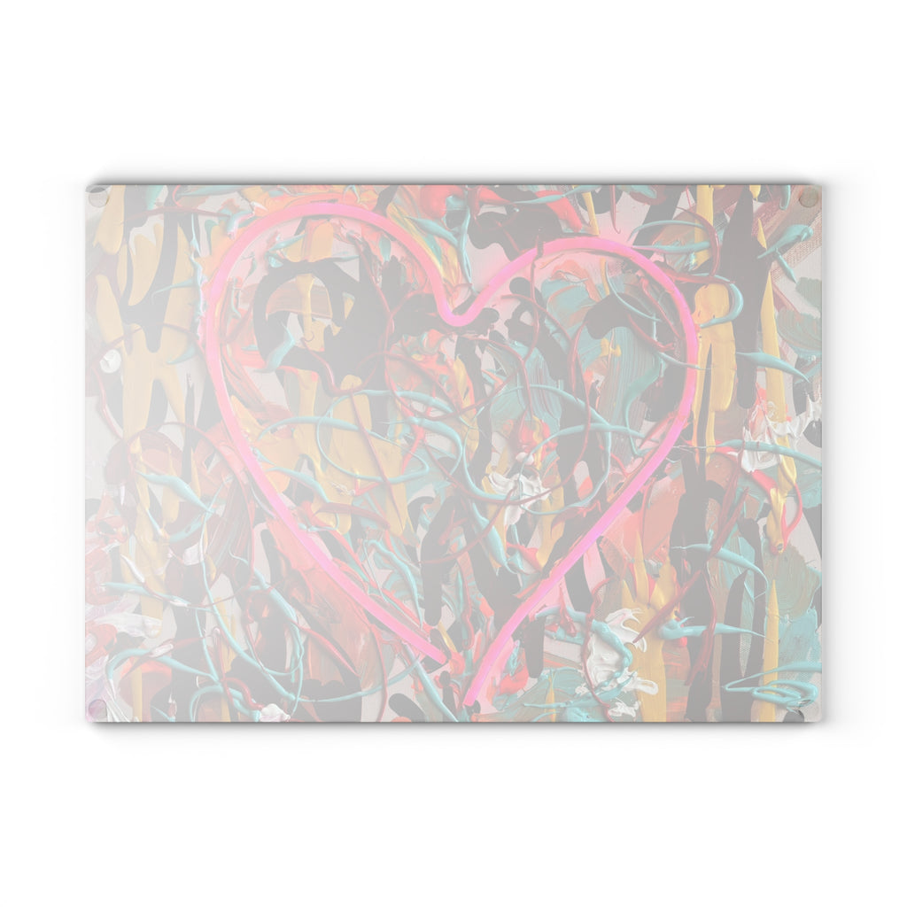 Bright Heart Original Art Glass Cutting Board – Colorful Abstract Neon Heart Art Kitchen Cutting Board