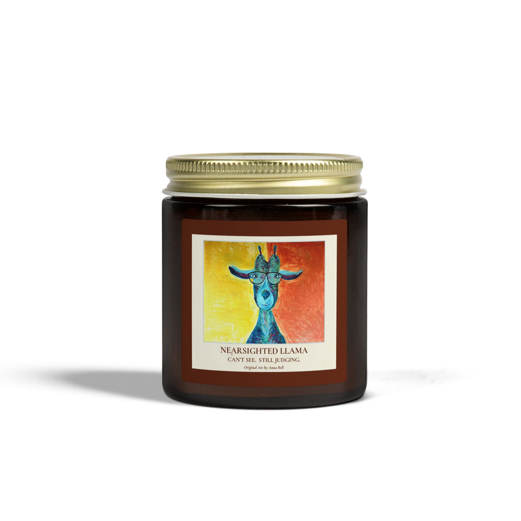 Coconut Apricot Wax Scented Candle (4oz/9oz) — Nearsighted Llama Art Jar = Fun Unique Gift