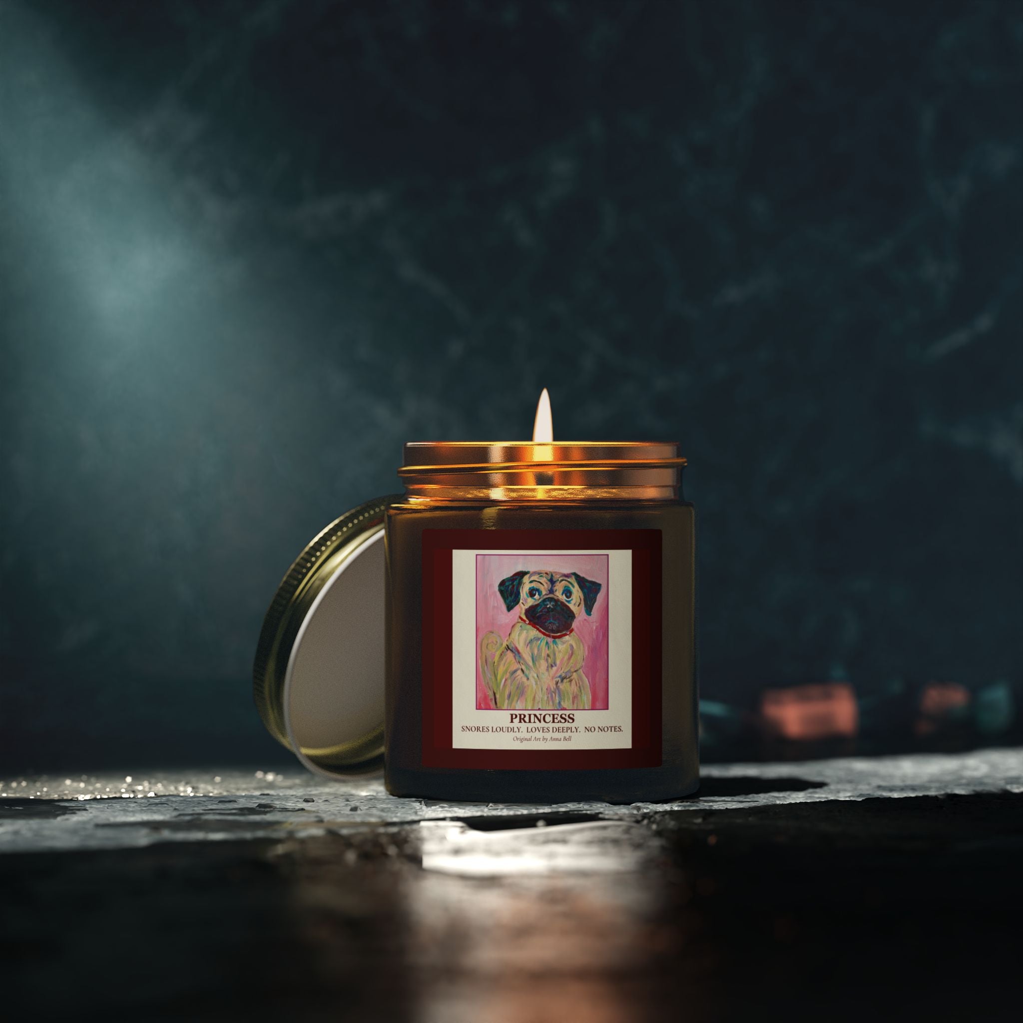 Coconut Apricot Scented Candle (4oz/9oz) — 'Princess' Pug Art Jar