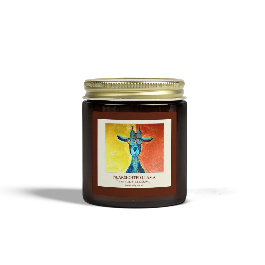 Coconut Apricot Scented Candle (4oz/9oz) — Nearsighted Llama Art Jar = Fun Unique Gift