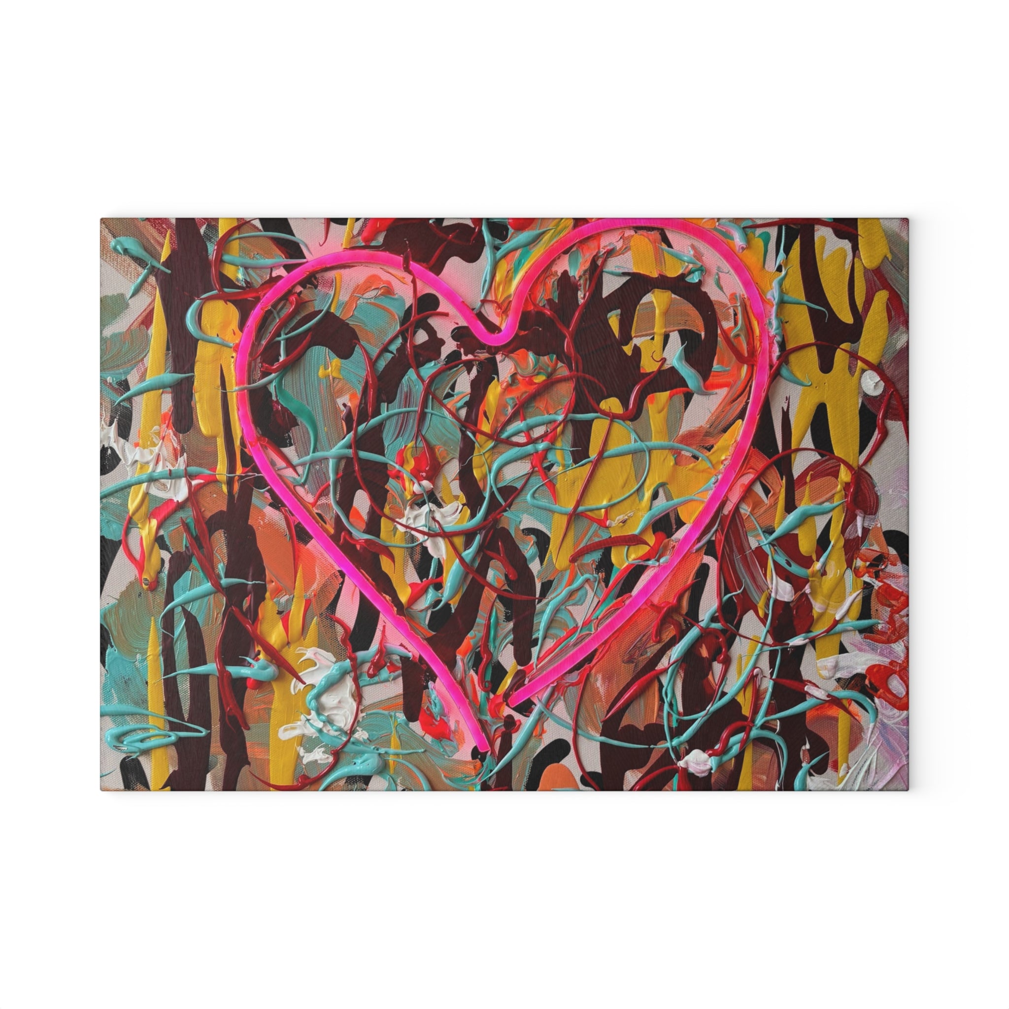 Bright Heart Original Art Glass Cutting Board – Colorful Abstract Neon Heart Art Kitchen Cutting Board