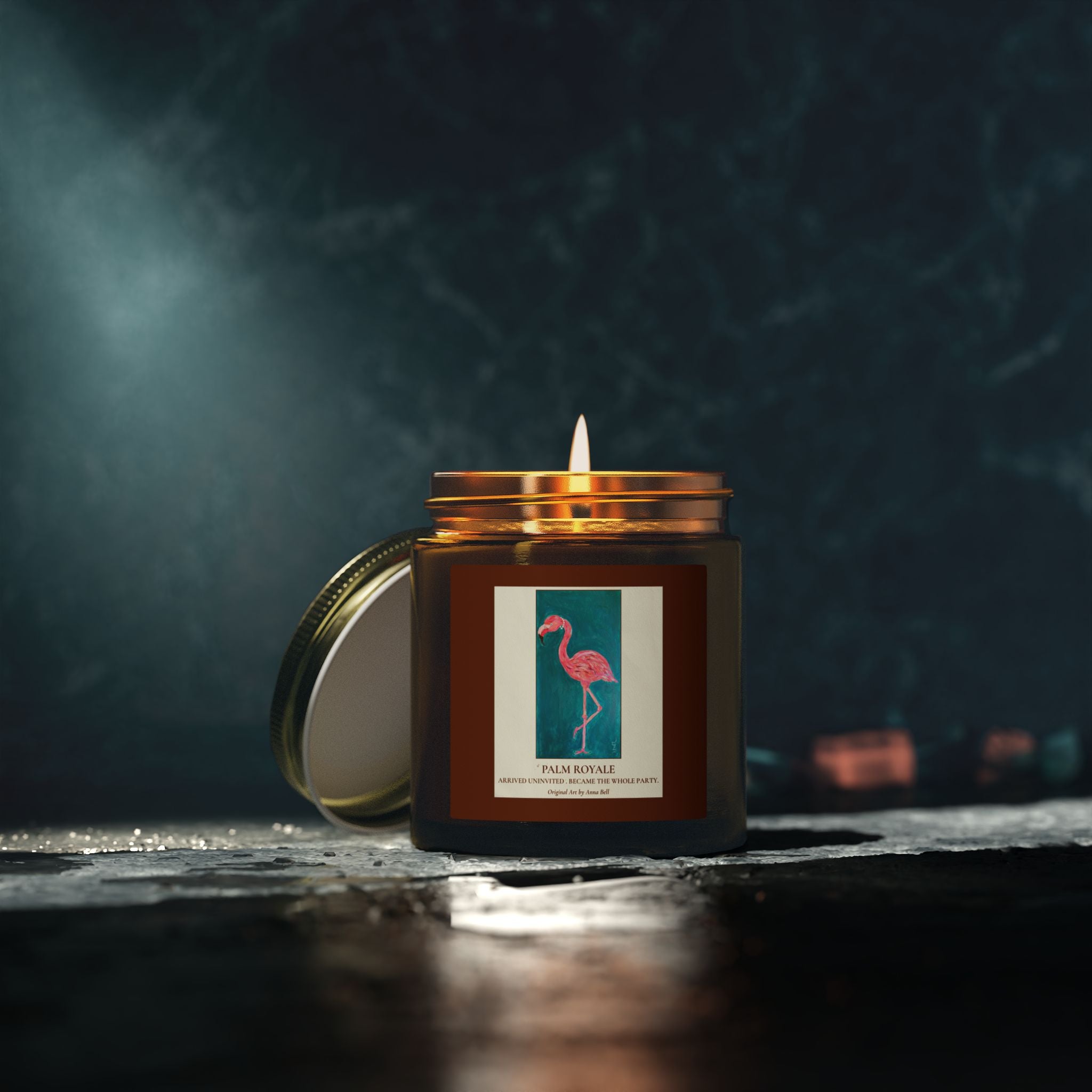 Coconut Apricot Scented Candle — ‘Palm Royale’ Flamingo Amber Jar (4oz/9oz)