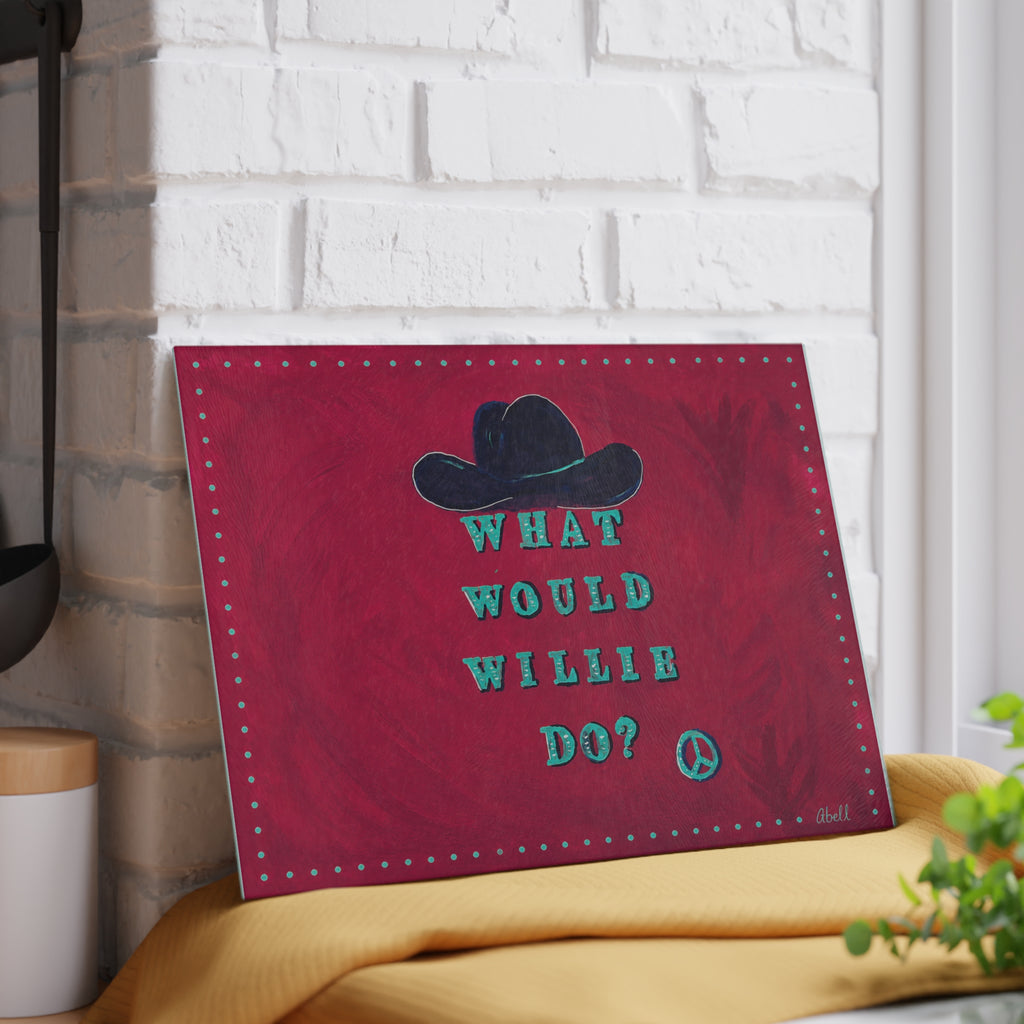 Glass Cutting Board — "What Would Willie Do?" Cowboy Hat Design, Rustic Country Kitchen Decor