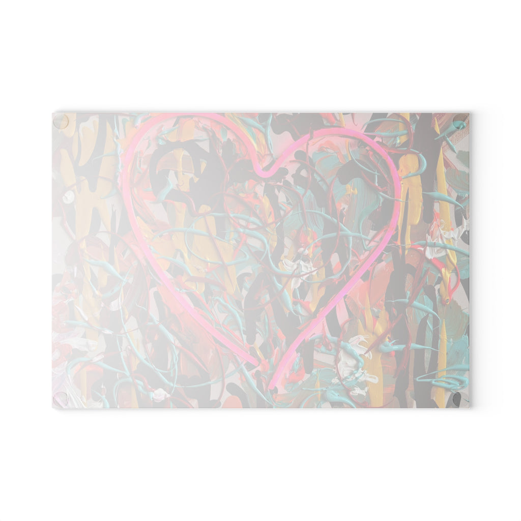 Bright Heart Original Art Glass Cutting Board – Colorful Abstract Neon Heart Art Kitchen Cutting Board