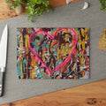 Bright Heart Original Art Glass Cutting Board – Colorful Abstract Neon Heart Art Kitchen Cutting Board
