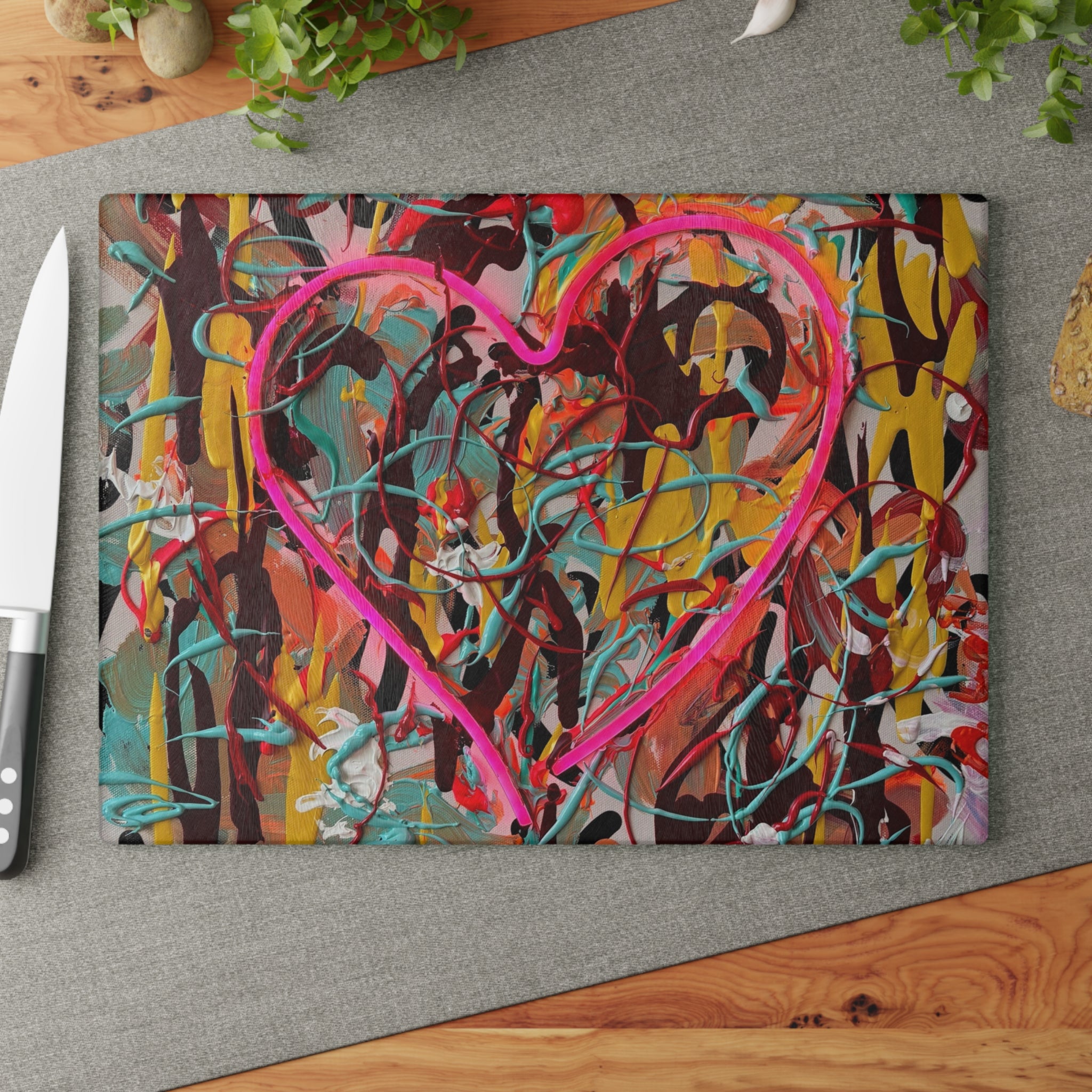 Bright Heart Original Art Glass Cutting Board – Colorful Abstract Neon Heart Art Kitchen Cutting Board