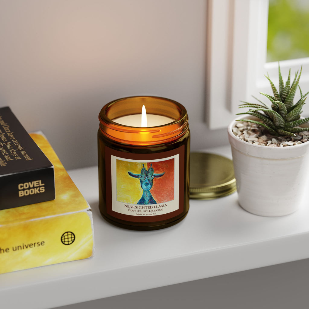 Coconut Apricot Wax Scented Candle (4oz/9oz) — Nearsighted Llama Art Jar = Fun Unique Gift
