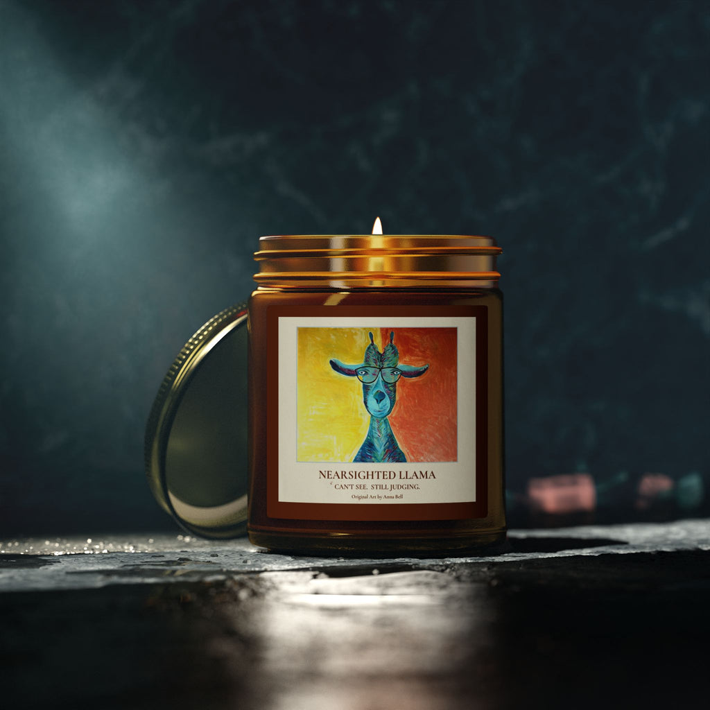 Coconut Apricot Scented Candle (4oz/9oz) — Nearsighted Llama Art Jar = Fun Unique Gift