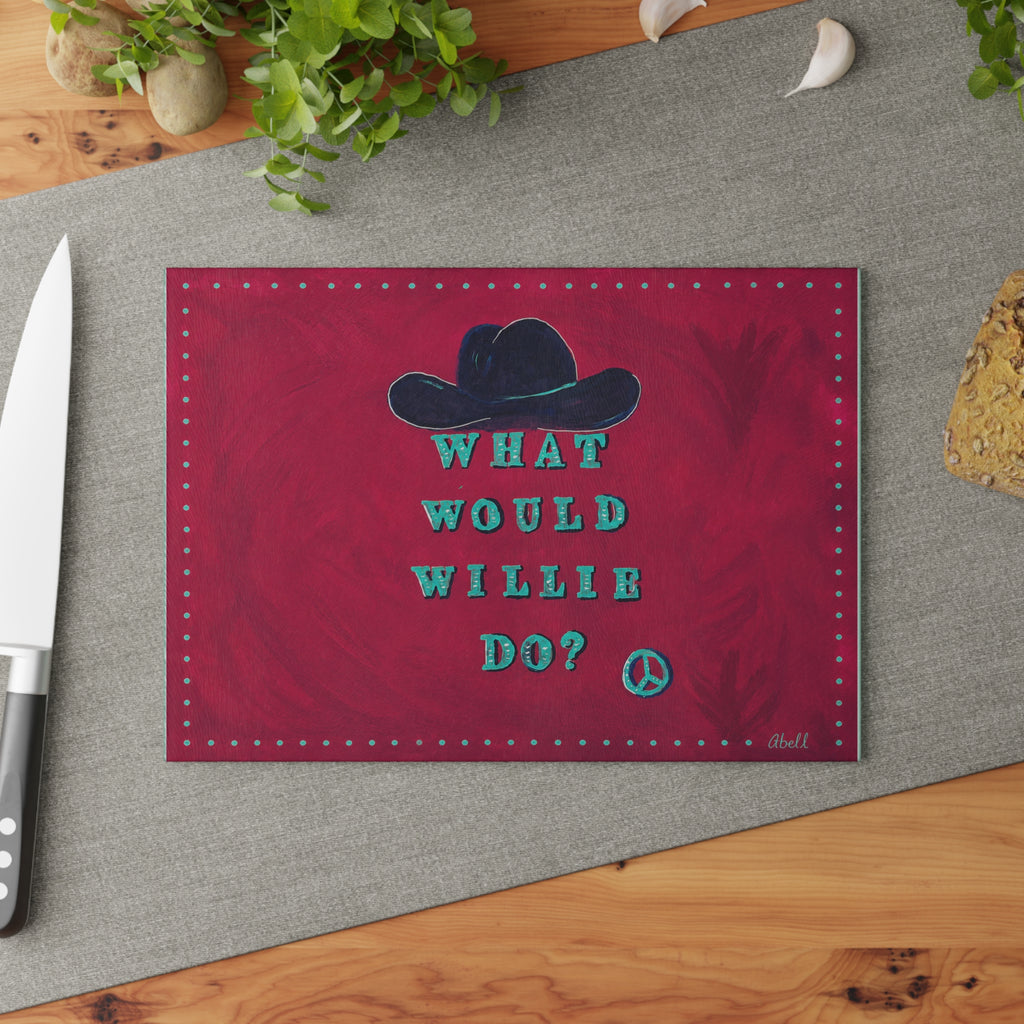Glass Cutting Board — "What Would Willie Do?" Cowboy Hat Design, Rustic Country Kitchen Decor