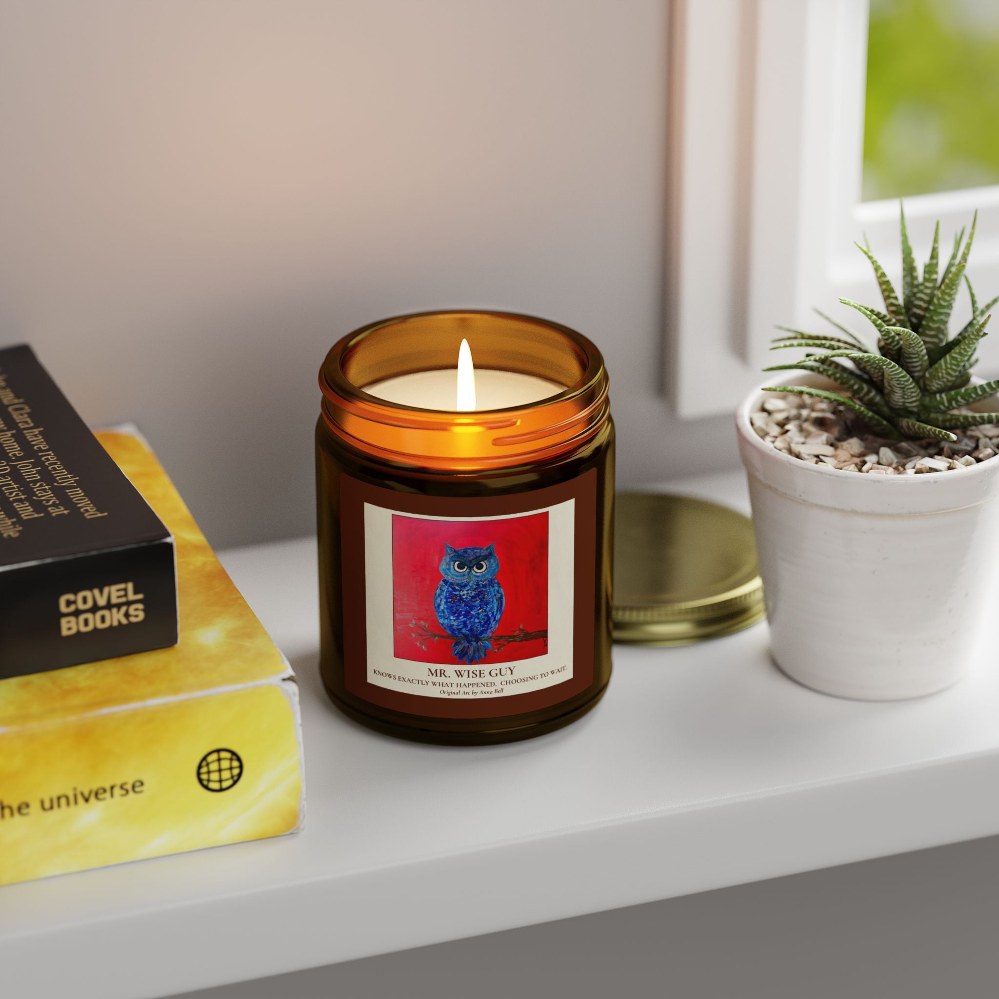 Mr. Wise Guy Owl Art - Coconut Apricot Scented Candle (4oz/9oz) - Fun Gift