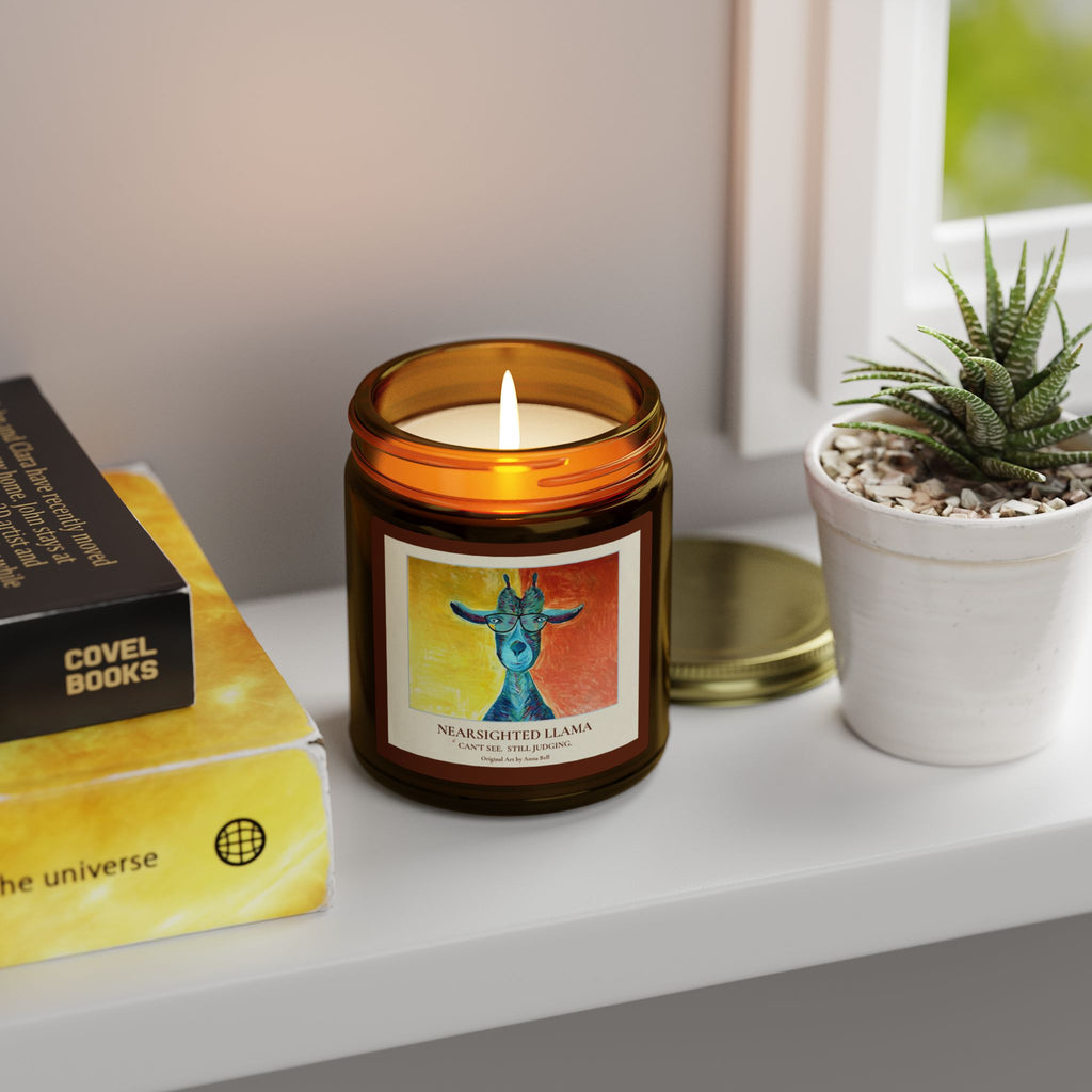Coconut Apricot Scented Candle (4oz/9oz) — Nearsighted Llama Art Jar = Fun Unique Gift