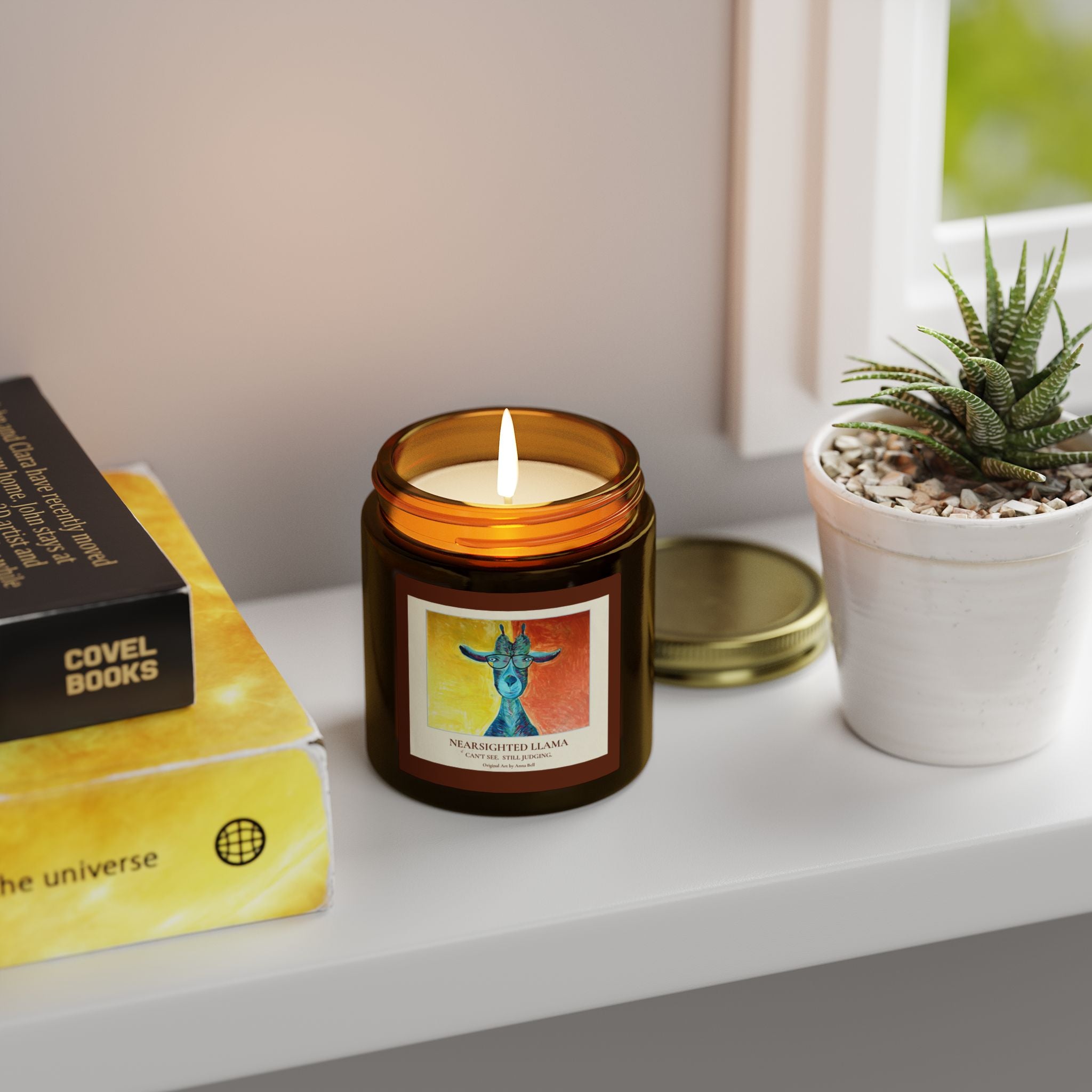 Coconut Apricot Scented Candle (4oz/9oz) — Nearsighted Llama Art Jar = Fun Unique Gift