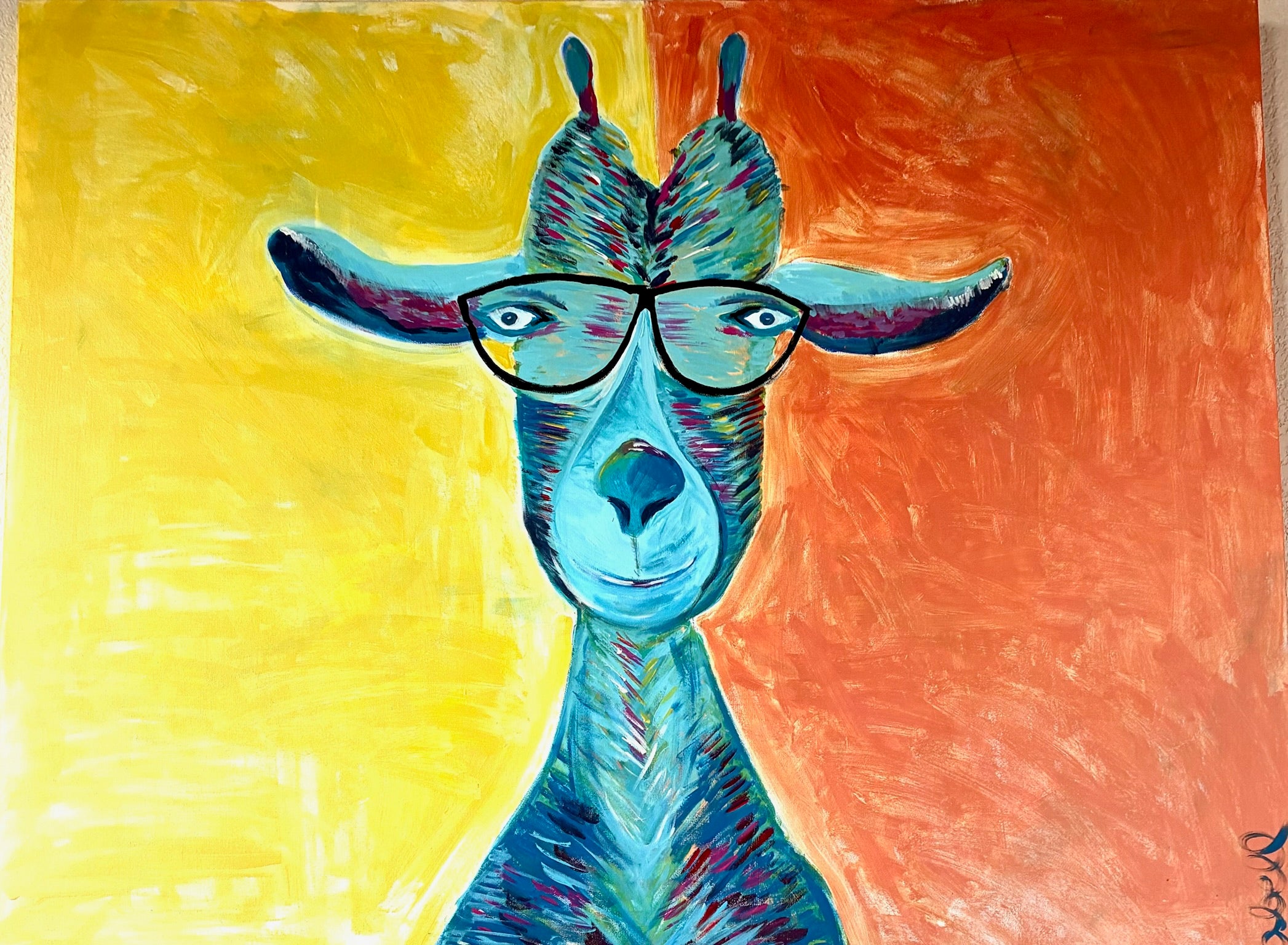 Nearsighted Llama (Large Goat in Glasses Original Art on Canvas)