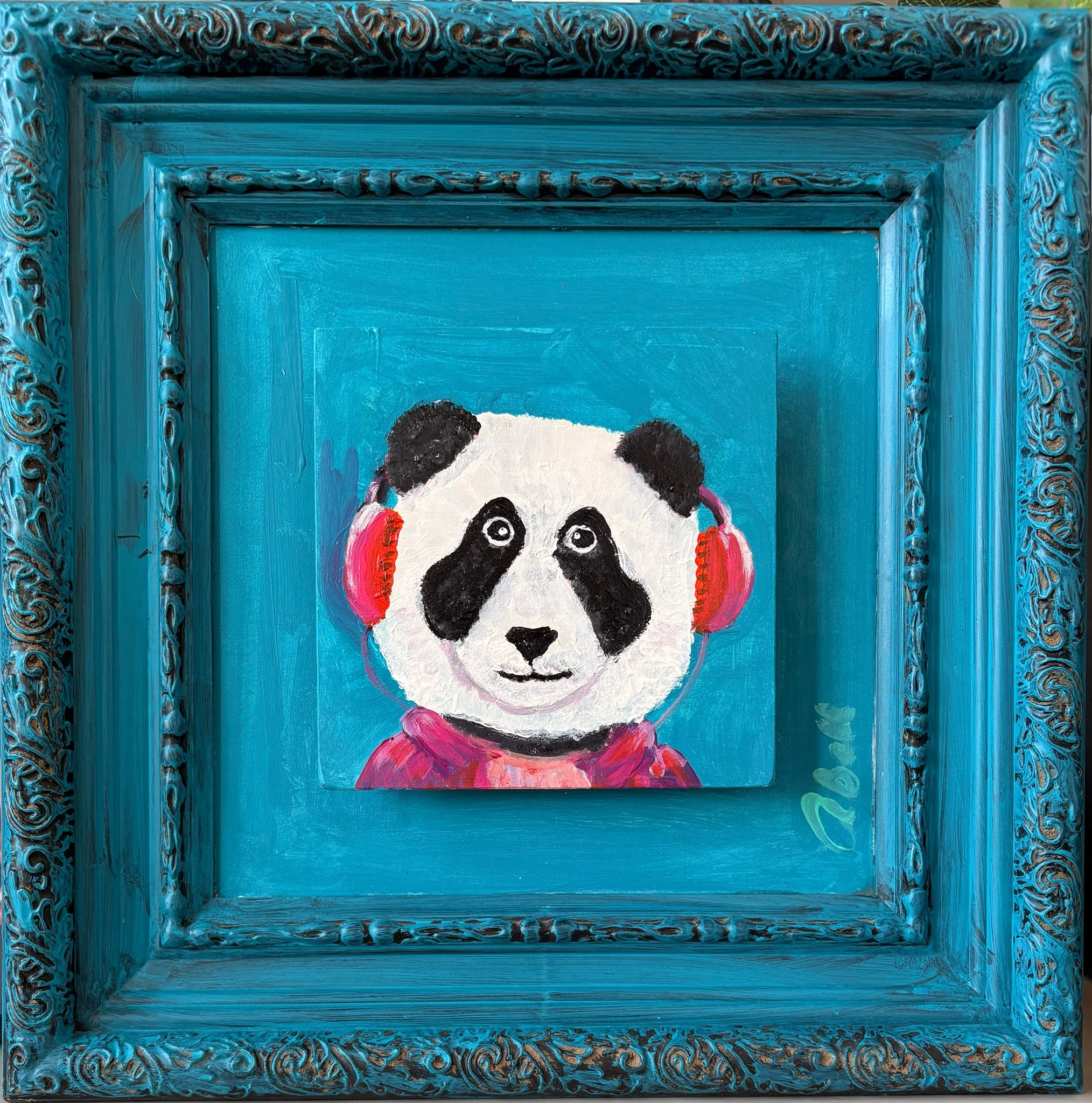 Rock Panda — Upcycled Thrift Store Frame with Panda Original Art