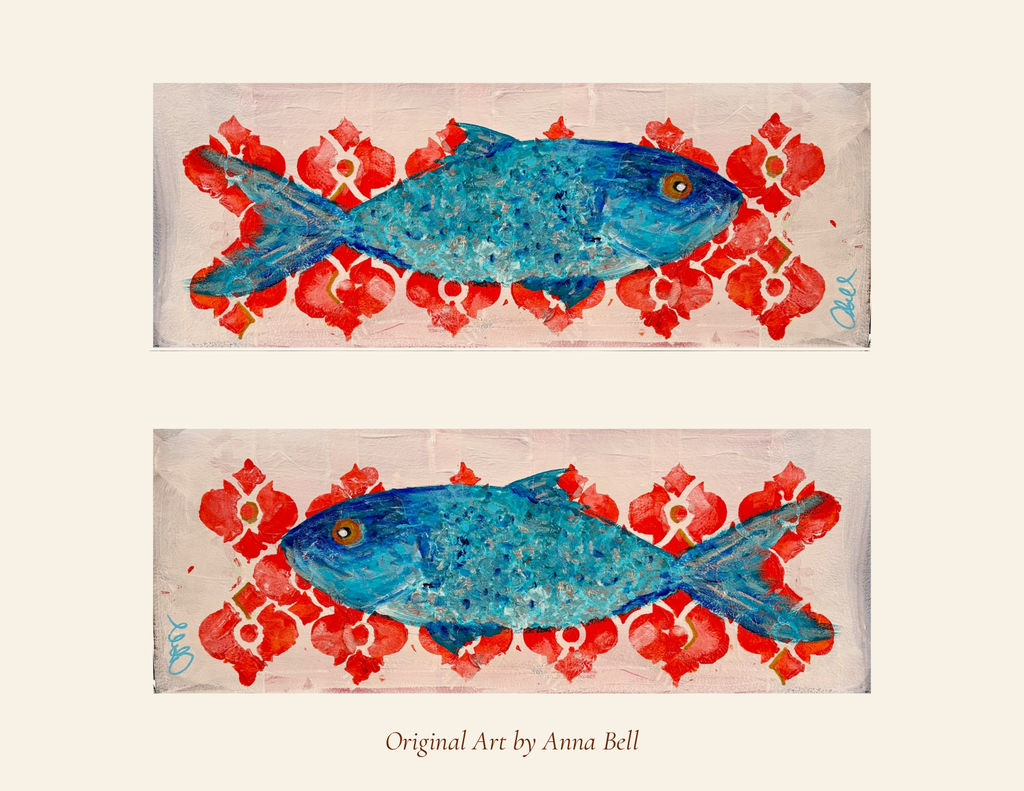 Two horizontal art panels showing a blue fish motif over a red floral pattern on a cream background, with the text 'Original Art by Anna Bell' below.