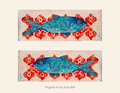 Two horizontal art panels showing a blue fish motif over a red floral pattern on a cream background, with the text 'Original Art by Anna Bell' below.