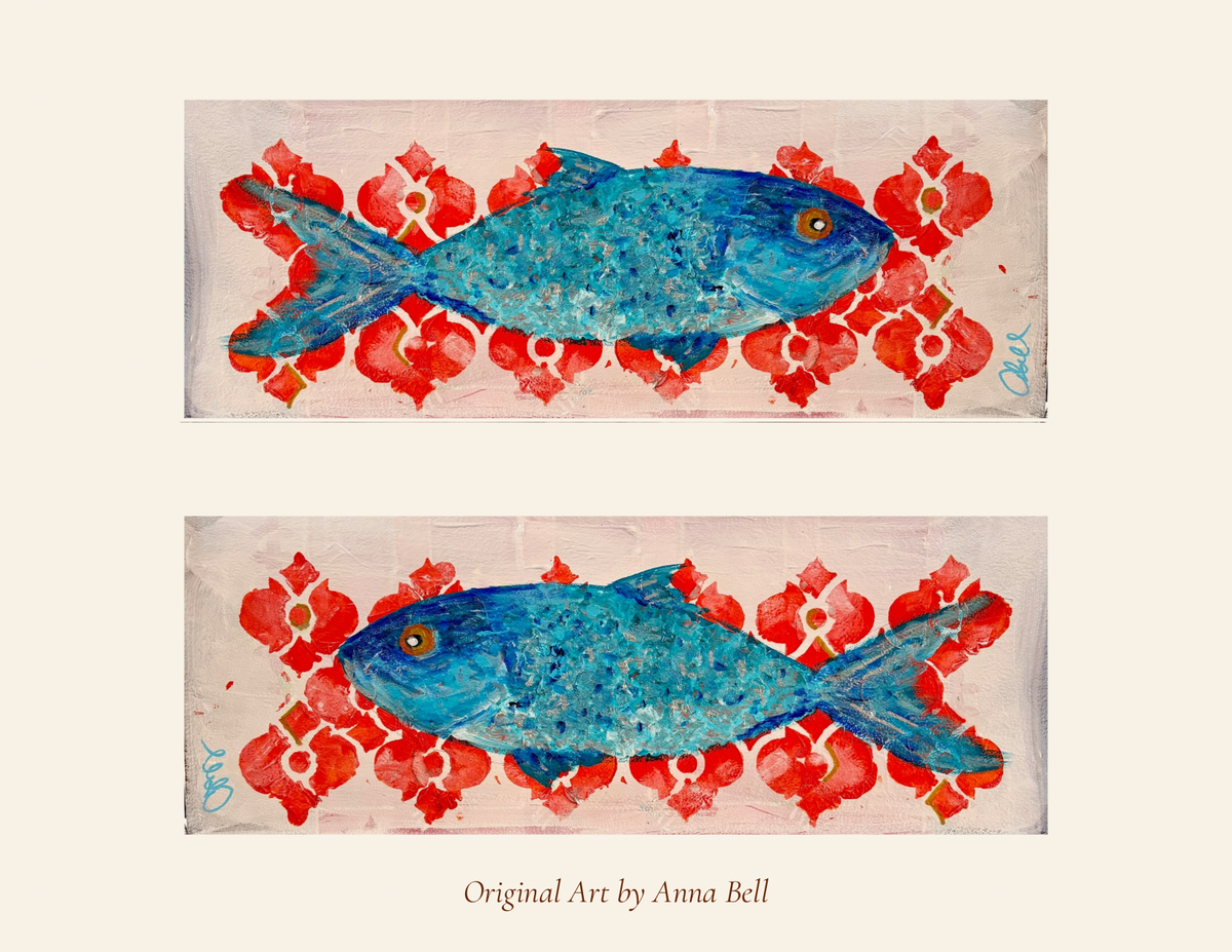 Two horizontal art panels showing a blue fish motif over a red floral pattern on a cream background, with the text 'Original Art by Anna Bell' below.