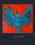 An original art print featuring a vibrant blue bird in flight against a bold red background, presented on a dark charcoal gray backdrop with text reading 'Original Art by Anna Bell' on the right.