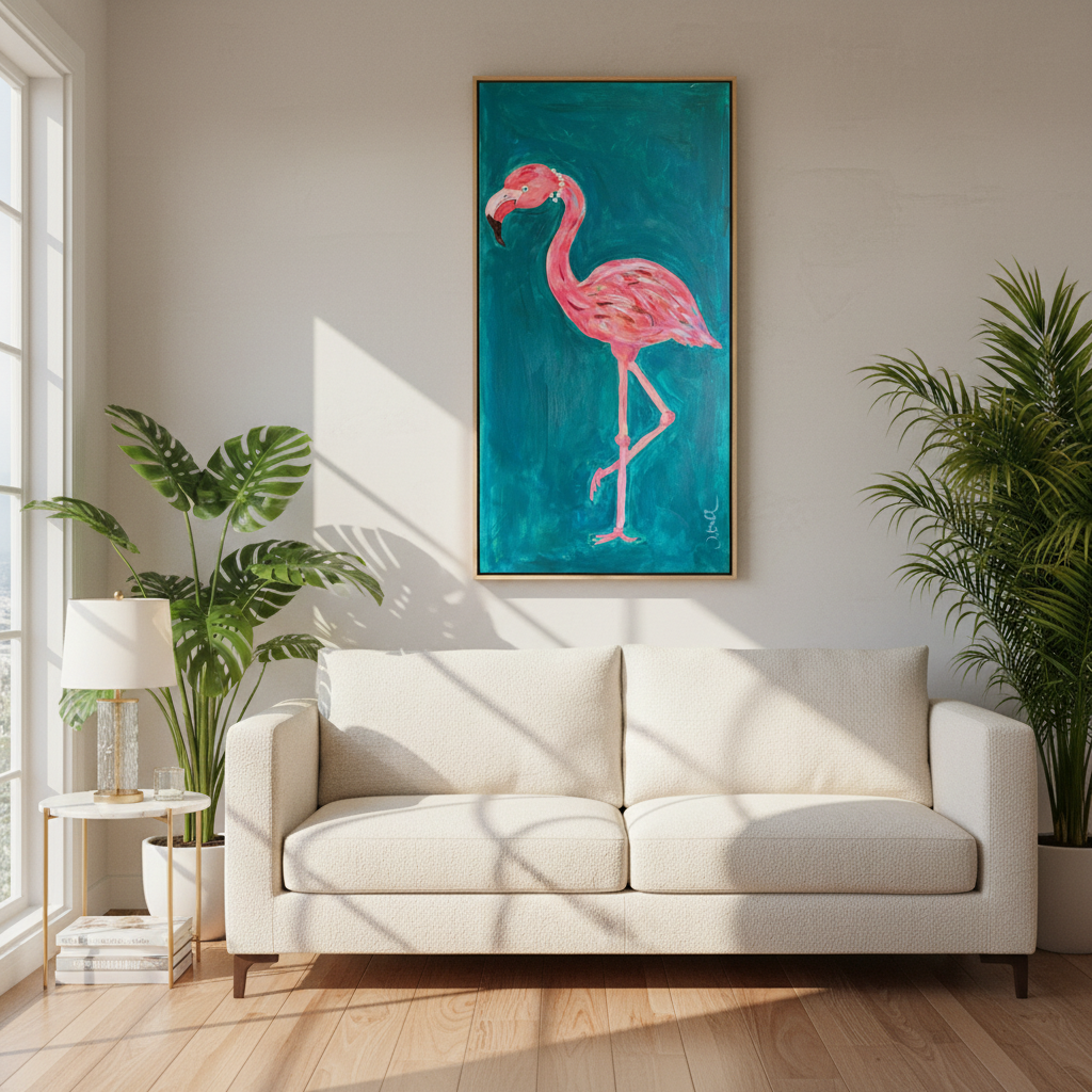 Palm Royale flamingo original art displayed in a sun-drenched coastal living room